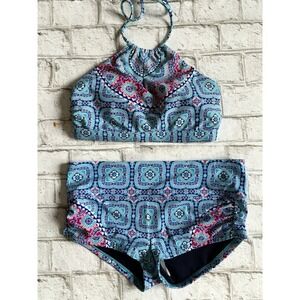 Athleta Womens Bikini S Blue Pink Purple Geometric Adjustable Strap Boy Shorts